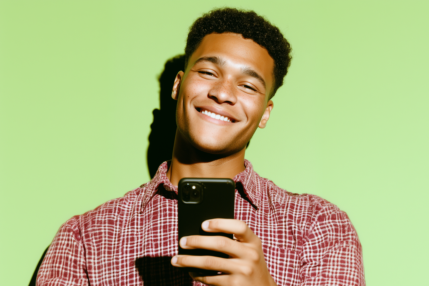Smiling man holding a smartphone
