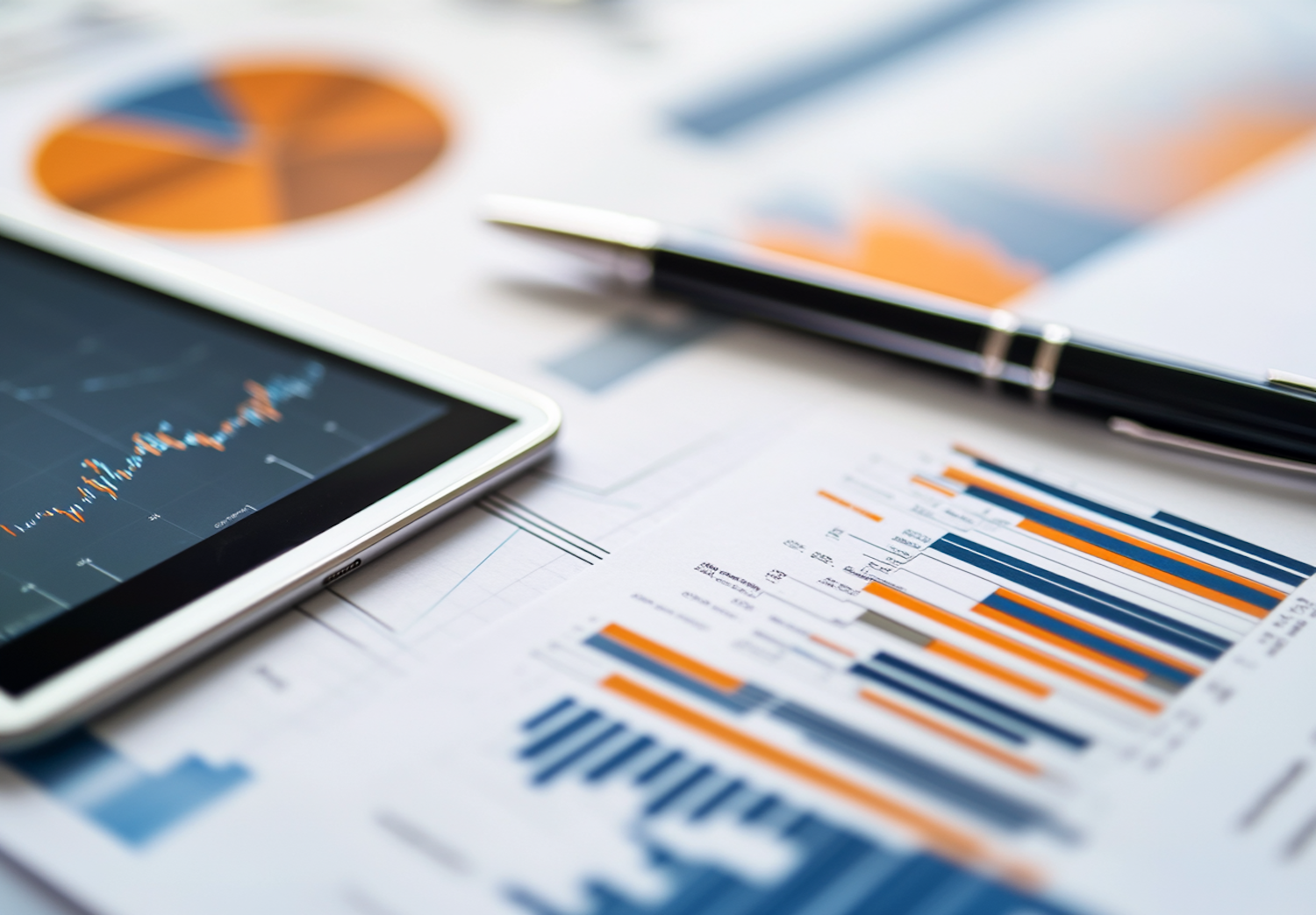 Tablet showing a line graph beside printed charts